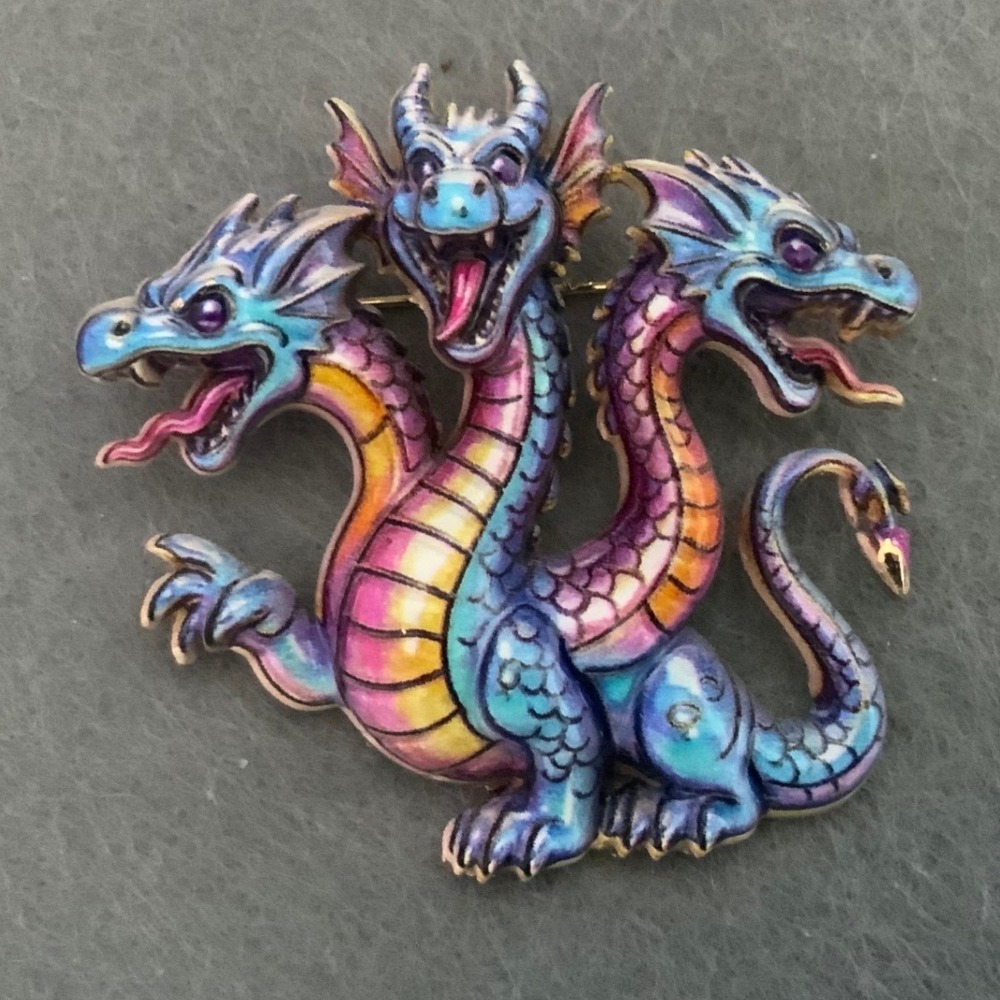 Vintage Three Headed Dragon Brooch Rainbow Enamel Hydra Fantasy Pin Gold Tone